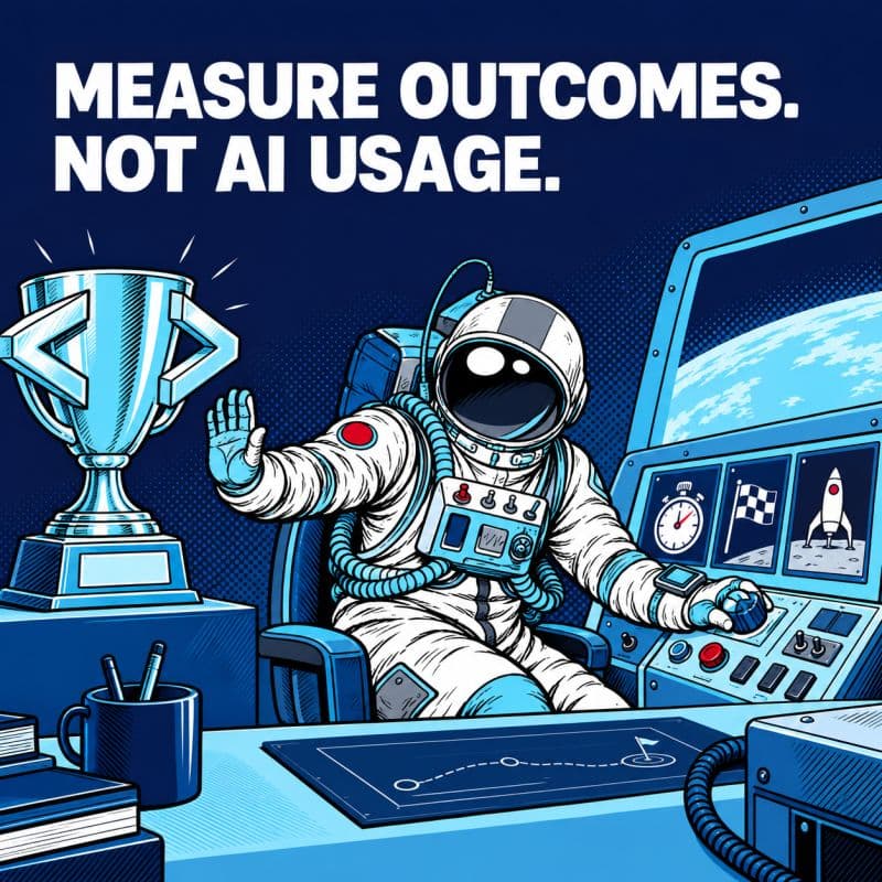 Illustrated astronaut at a control desk under the headline 'Measure outcomes. Not AI usage.'