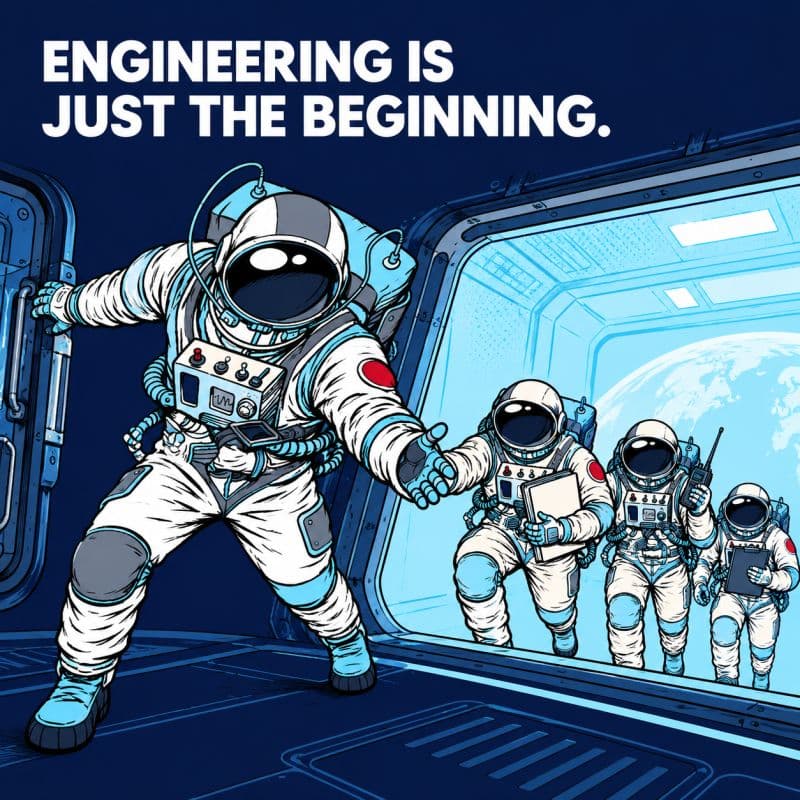Illustrated astronaut holding open a hatch for colleagues under the headline 'Engineering is just the beginning.'