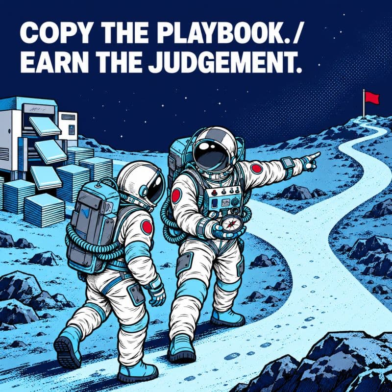 Illustrated astronauts walking past a pile of copied documents under the headline 'Copy the playbook. / Earn the judgement.'