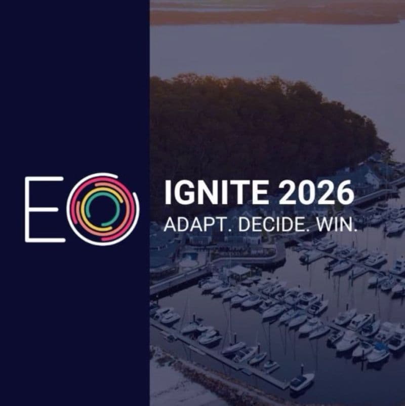EO Ignite 2026 'Adapt. Decide. Win.' banner over an aerial view of a Port Stephens marina